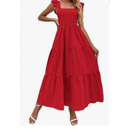 NH Summer Floral Dresses 2025 Beach Vacation Casual Long Maxi Sundresses - Pure Red