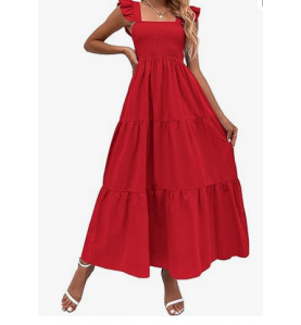NH Summer Floral Dresses 2025 Beach Vacation Casual Long Maxi Sundresses - Pure Red