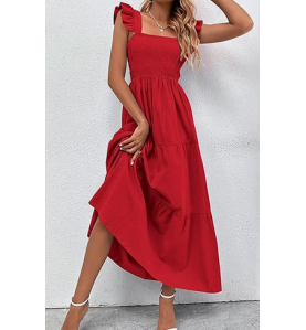 NH Summer Floral Dresses 2025 Beach Vacation Casual Long Maxi Sundresses - Pure Red