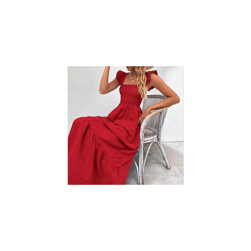 NH Summer Floral Dresses 2025 Beach Vacation Casual Long Maxi Sundresses - Pure Red