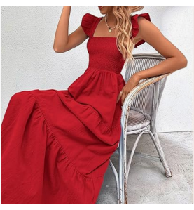 NH Summer Floral Dresses 2025 Beach Vacation Casual Long Maxi Sundresses - Pure Red