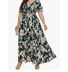 NH  Boho Floral Maxi Dress Curvy Short Sleeve - Blue Floral Pattern