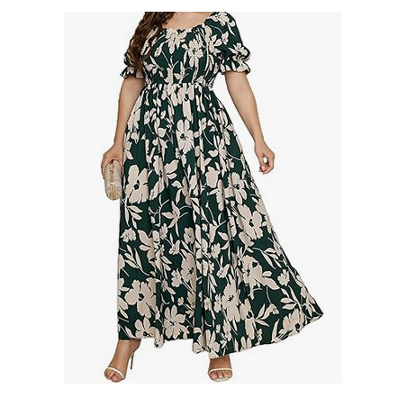 NH  Boho Floral Maxi Dress Curvy Short Sleeve - Blue Floral Pattern