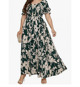 NH  Boho Floral Maxi Dress Curvy Short Sleeve - Blue Floral Pattern