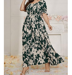 NH  Boho Floral Maxi Dress Curvy Short Sleeve - Blue Floral Pattern