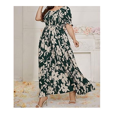 NH  Boho Floral Maxi Dress Curvy Short Sleeve - Blue Floral Pattern