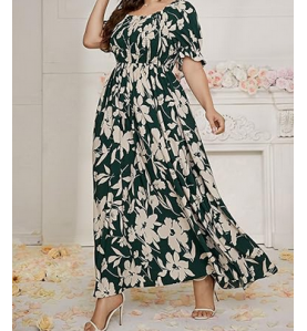 NH  Boho Floral Maxi Dress Curvy Short Sleeve - Blue Floral Pattern