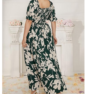 NH  Boho Floral Maxi Dress Curvy Short Sleeve - Blue Floral Pattern