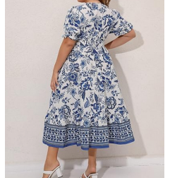 NH  Boho Floral Maxi Dress Curvy Short Sleeve - Porcelain Blue