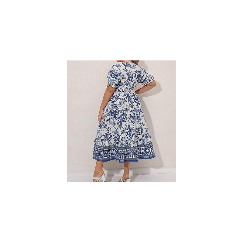 NH Boho Floral Maxi Dress Curvy Short Sleeve - Porcelain Blue NH Boho Floral Maxi Dress Curvy Short Sleeve - Porcelain Blue