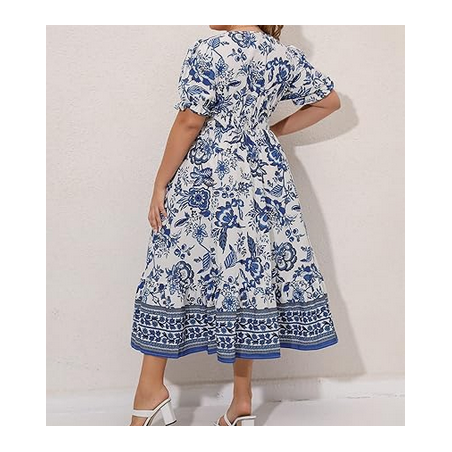 NH  Boho Floral Maxi Dress Curvy Short Sleeve - Porcelain Blue