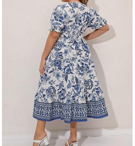NH  Boho Floral Maxi Dress Curvy Short Sleeve - Porcelain Blue