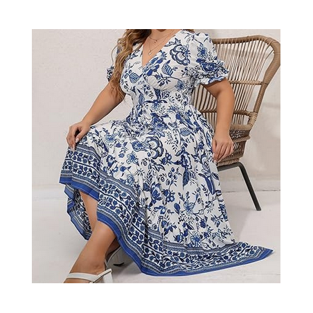 NH  Boho Floral Maxi Dress Curvy Short Sleeve - Porcelain Blue