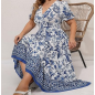 NH  Boho Floral Maxi Dress Curvy Short Sleeve - Porcelain Blue