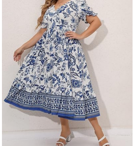 NH  Boho Floral Maxi Dress Curvy Short Sleeve - Porcelain Blue