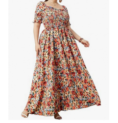 NH  Boho Floral Maxi Dress Curvy Short Sleeve - Botanical Garden