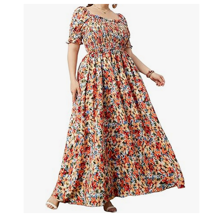 NH  Boho Floral Maxi Dress Curvy Short Sleeve - Botanical Garden