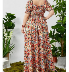 NH  Boho Floral Maxi Dress Curvy Short Sleeve - Botanical Garden