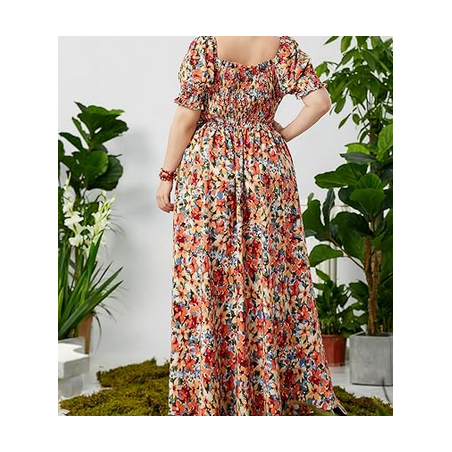 NH  Boho Floral Maxi Dress Curvy Short Sleeve - Botanical Garden