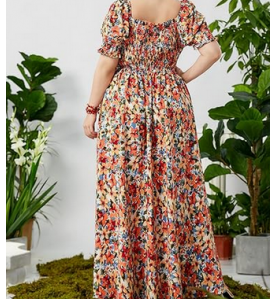 NH  Boho Floral Maxi Dress Curvy Short Sleeve - Botanical Garden