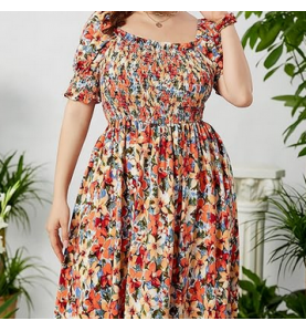 NH  Boho Floral Maxi Dress Curvy Short Sleeve - Botanical Garden