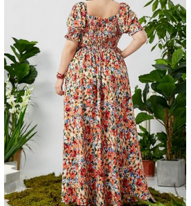 NH  Boho Floral Maxi Dress Curvy Short Sleeve - Botanical Garden