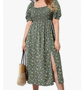NH  Boho Floral Maxi Dress Curvy Short Sleeve - Green Sparkle