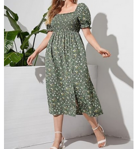 NH  Boho Floral Maxi Dress Curvy Short Sleeve - Green Sparkle