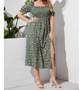 NH  Boho Floral Maxi Dress Curvy Short Sleeve - Green Sparkle